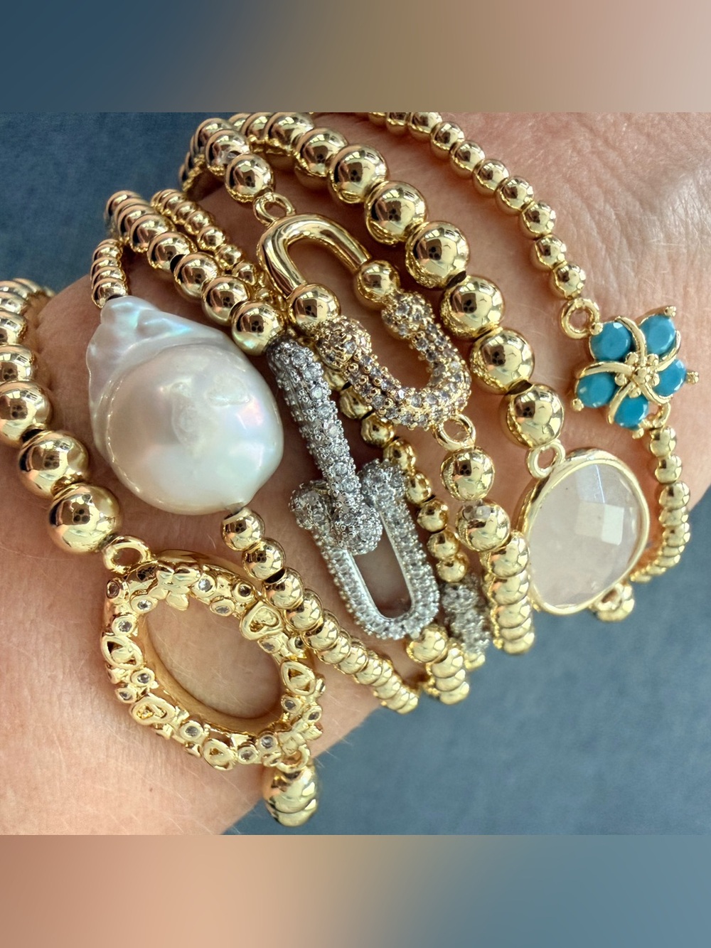 Gold Beaded Stretch Bracelet with Turquoise Flower Accent